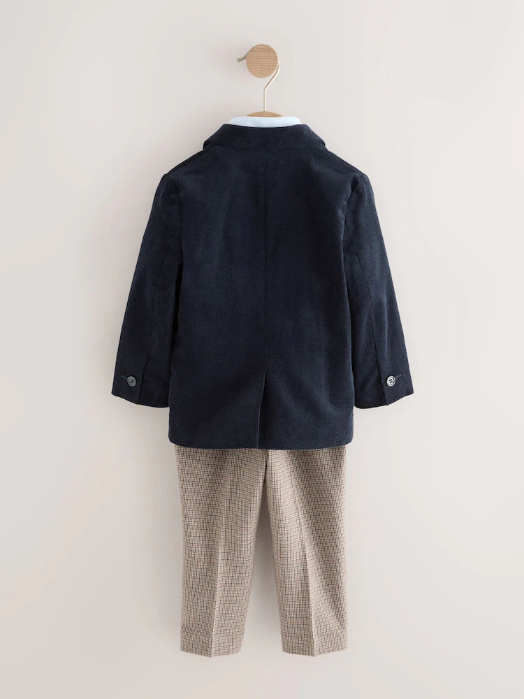 |Boy| Conjunto De Blazer, Camisa e Calça De Veludo Cotelê Azul Marinho (3 meses a 9 anos)