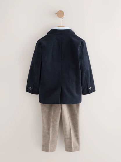 |Boy| Conjunto De Blazer, Camisa e Calça De Veludo Cotelê Azul Marinho (3 meses a 9 anos)