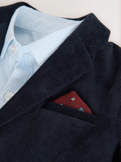 |Boy| Conjunto De Blazer, Camisa e Calça De Veludo Cotelê Azul Marinho (3 meses a 9 anos)