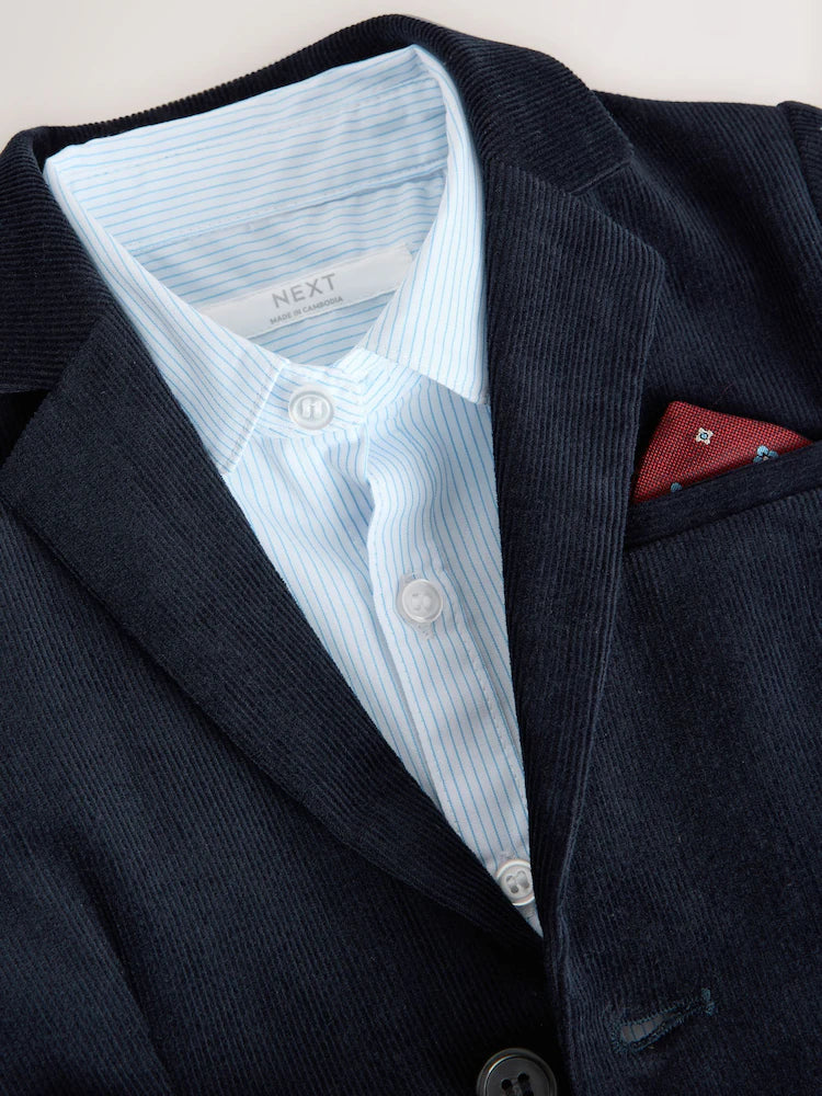 |Boy| Conjunto De Blazer, Camisa e Calça De Veludo Cotelê Azul Marinho (3 meses a 9 anos)