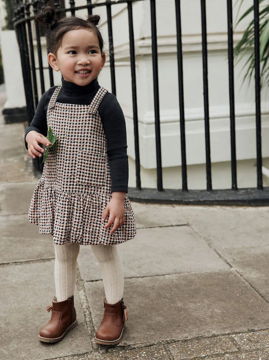 |Girl| Vestido Avental Xadrez Neutro Com Bainha Bolha (3 meses a 8 anos)