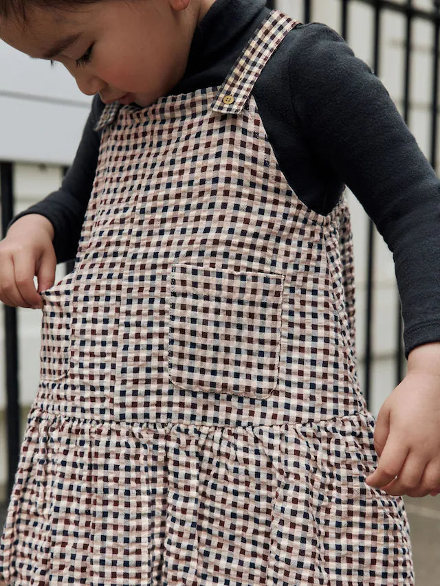 |Girl| Vestido Avental Xadrez Neutro Com Bainha Bolha (3 meses a 8 anos)