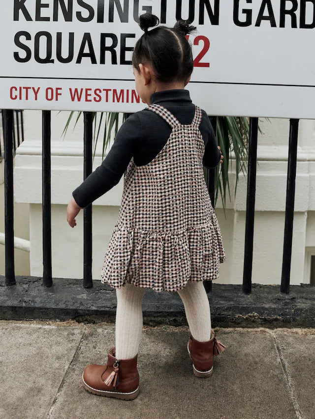 |Girl| Vestido Avental Xadrez Neutro Com Bainha Bolha (3 meses a 8 anos)