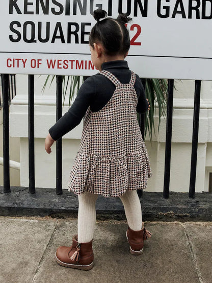 |Girl| Vestido Avental Xadrez Neutro Com Bainha Bolha (3 meses a 8 anos)