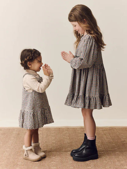 |Girl| Vestido Avental Xadrez Neutro Com Bainha Bolha (3 meses a 8 anos)