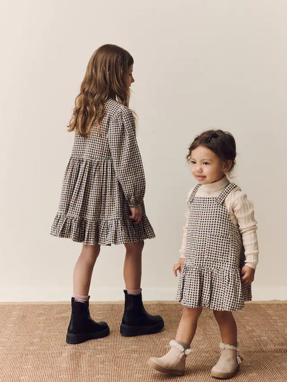 |Girl| Vestido Avental Xadrez Neutro Com Bainha Bolha (3 meses a 8 anos)