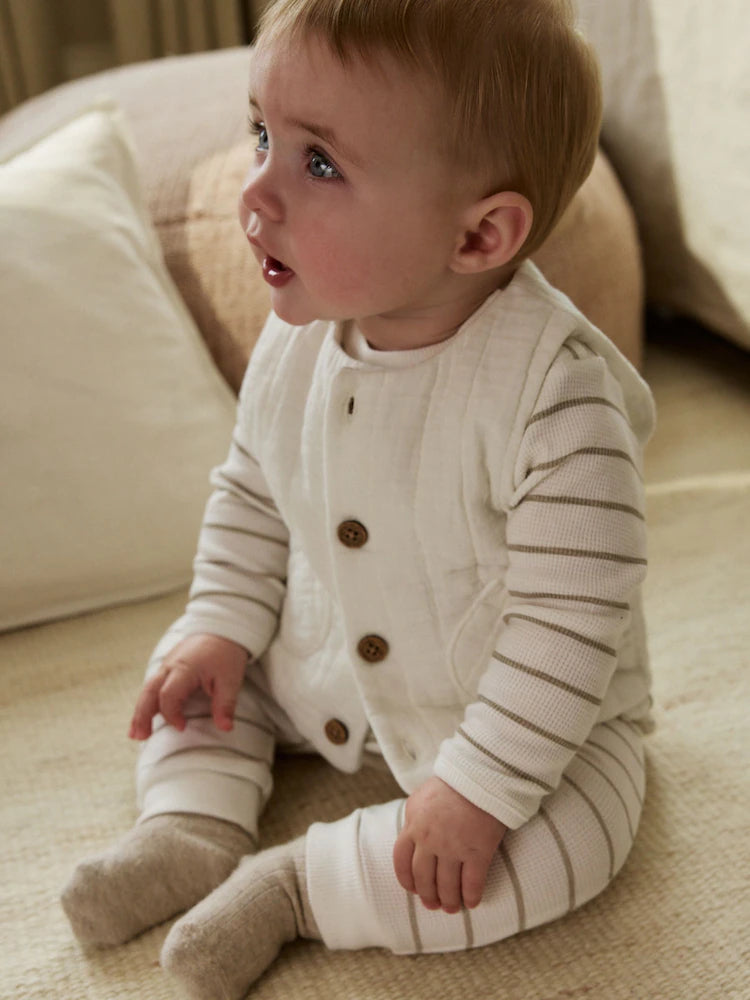 |BabyBoy| Conjunto De Colete e Leggings Listrados Brancos Para Bebê (0 meses a 2 anos)