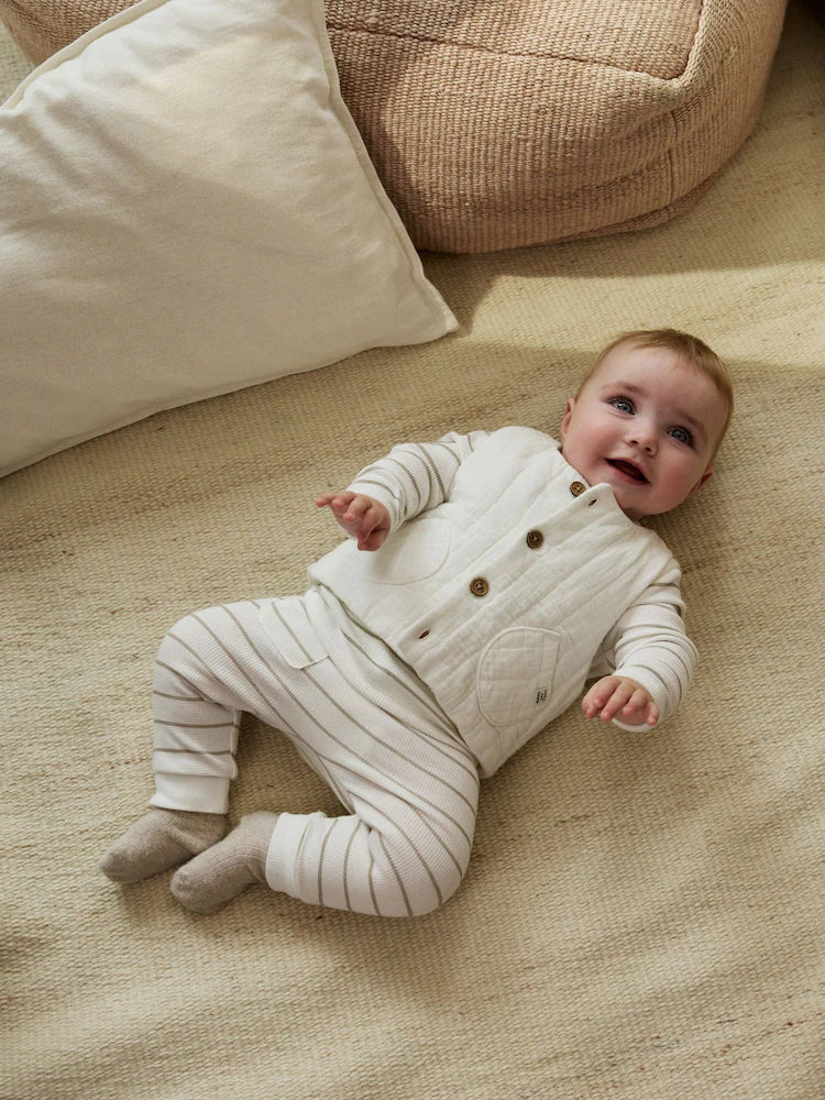 |BabyBoy| Conjunto De Colete e Leggings Listrados Brancos Para Bebê (0 meses a 2 anos)