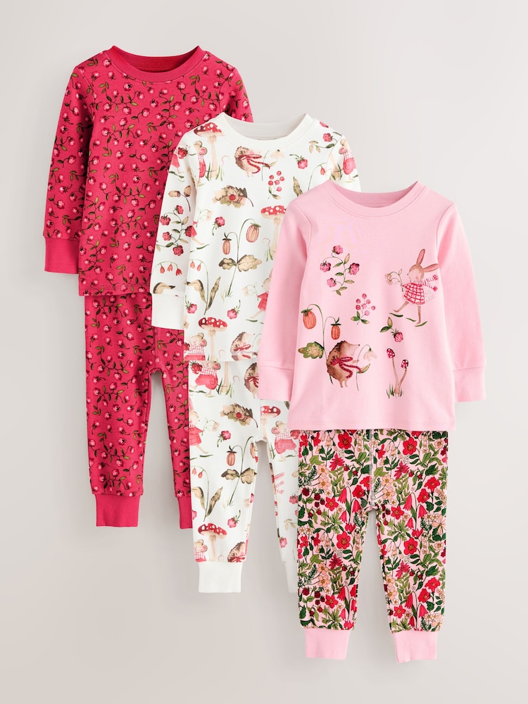 |Girl| Pijama Snuggle Com Apliques Florais Vermelho/Rosa, Pacote com 3 (9 meses a 8 anos)