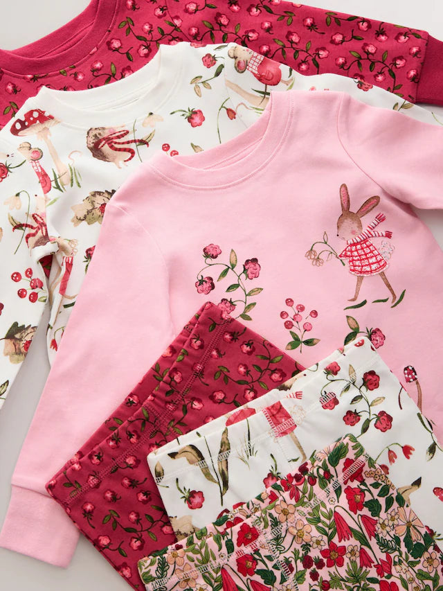 |Girl| Pijama Snuggle Com Apliques Florais Vermelho/Rosa, Pacote com 3 (9 meses a 8 anos)