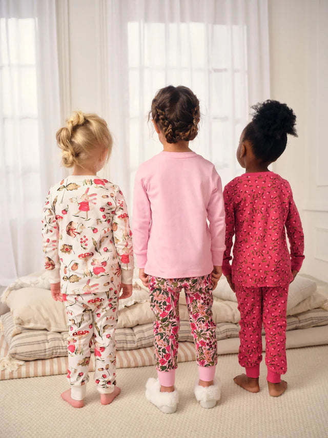 |Girl| Pijama Snuggle Com Apliques Florais Vermelho/Rosa, Pacote com 3 (9 meses a 8 anos)