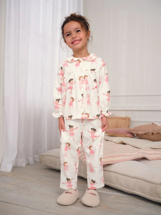 |Girl| Pijama Bailarina Cru/Rosa Com Botões Trançados (9 meses a 10 anos)
