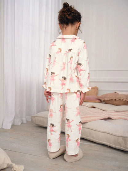 |Girl| Pijama Bailarina Cru/Rosa Com Botões Trançados (9 meses a 10 anos)