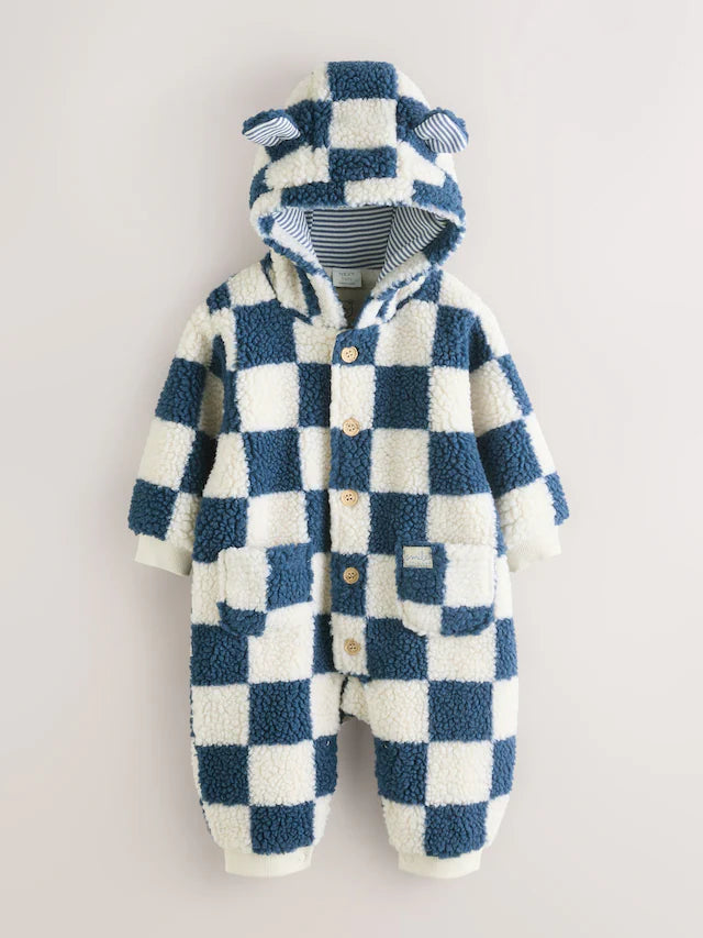 |BabyBoy| Macacão De Bebê Com Capuz e Xadrez Azul Borg (0 meses a 2 anos)