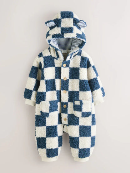 |BabyBoy| Macacão De Bebê Com Capuz e Xadrez Azul Borg (0 meses a 2 anos)