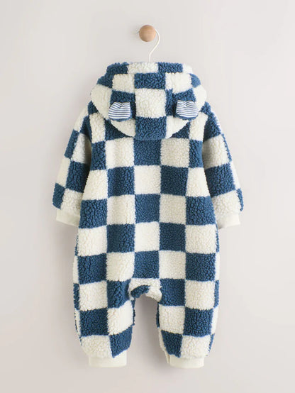 |BabyBoy| Macacão De Bebê Com Capuz e Xadrez Azul Borg (0 meses a 2 anos)