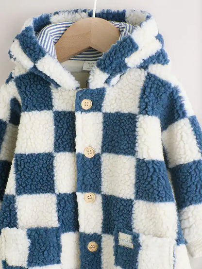 |BabyBoy| Macacão De Bebê Com Capuz e Xadrez Azul Borg (0 meses a 2 anos)