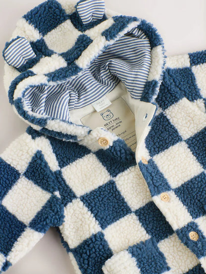 |BabyBoy| Macacão De Bebê Com Capuz e Xadrez Azul Borg (0 meses a 2 anos)