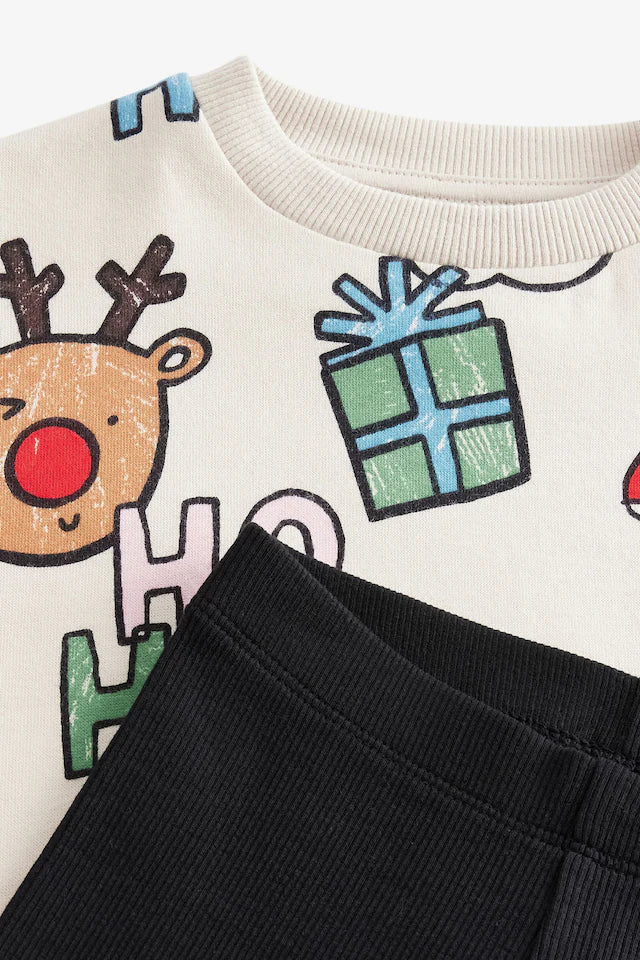 |Boy|Conjunto De Moletom e Leggings De Natal Com Estampa Creme Ecru (3 meses a 7 anos)