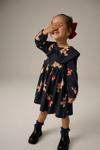 |Girl| Vestido 100% Algodão Com Gola De Manga Comprida Navy Bear (3 meses a 7 anos)