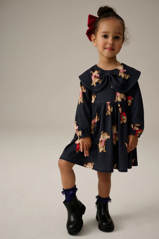 |Girl| Vestido 100% Algodão Com Gola De Manga Comprida Navy Bear (3 meses a 7 anos)