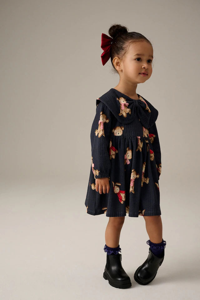 |Girl| Vestido 100% Algodão Com Gola De Manga Comprida Navy Bear (3 meses a 7 anos)