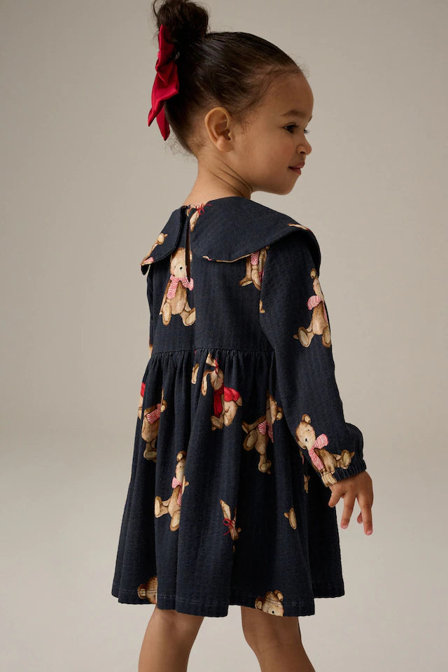 |Girl| Vestido 100% Algodão Com Gola De Manga Comprida Navy Bear (3 meses a 7 anos)
