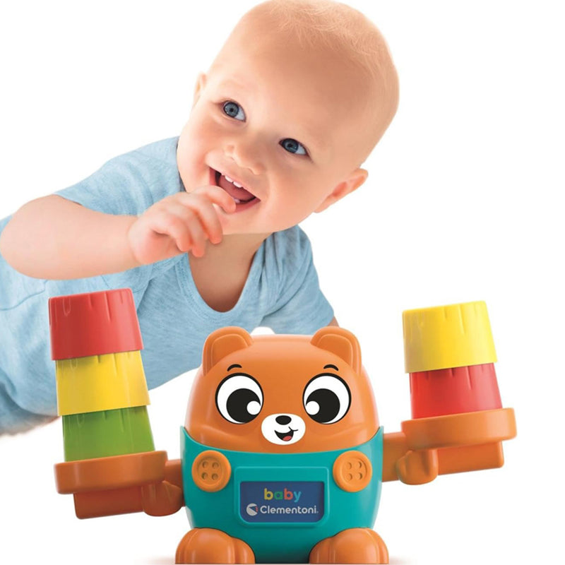Clementoni Urso de Equilíbrio Montessori Empilhe os blocos em cima da cabeça do urso.