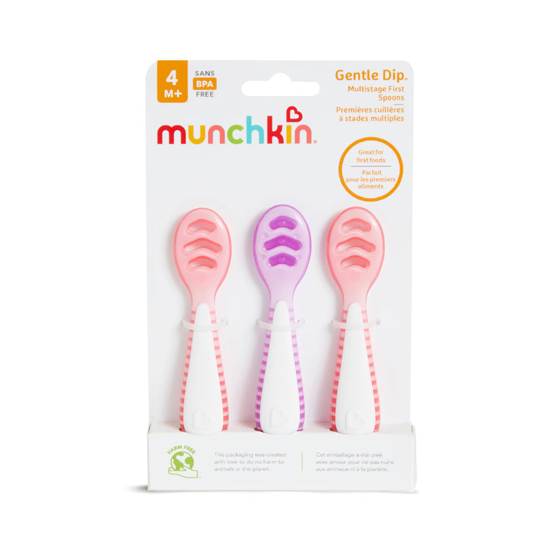 Munchkin Colheres Gentle Dip Multistage First, rosa e roxa, pacote com 3 unidades.