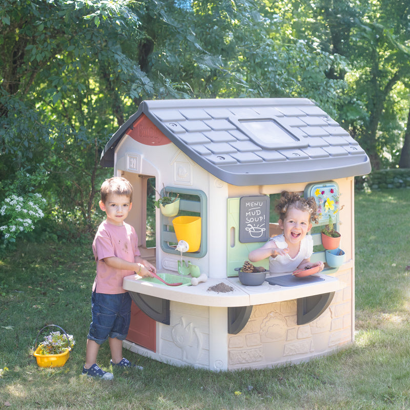 Smoby Life Mud Cooking House Kids Outdoor Play Kitchen with Water Tank, Bowls, Utensils & Chalkboard