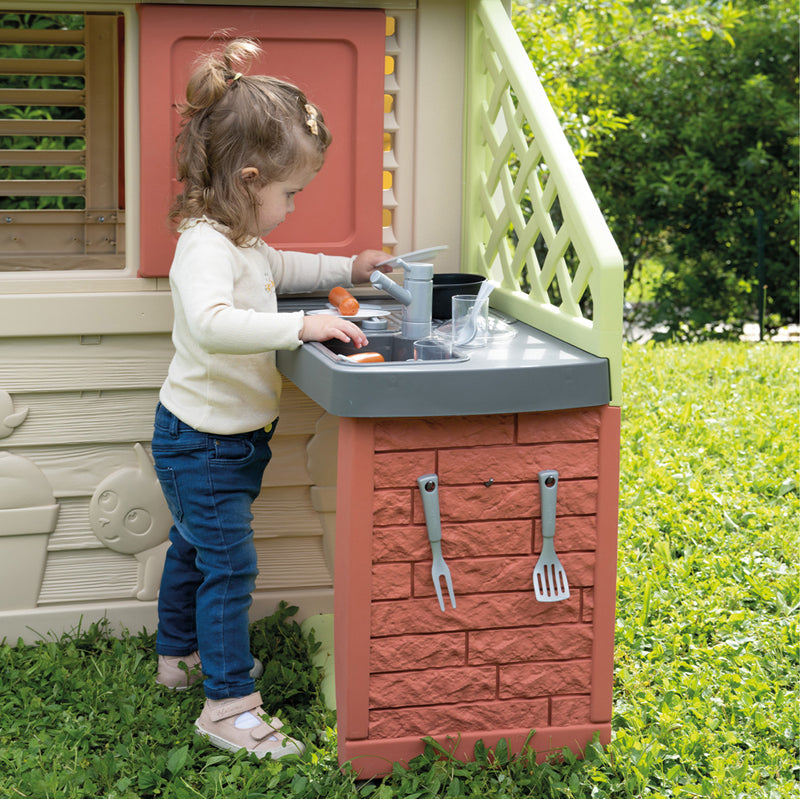 Smoby Life Nature Playhouse with Outdoor Kitchen, Grill, Accessories, 2 Windows & Shutters for Kids