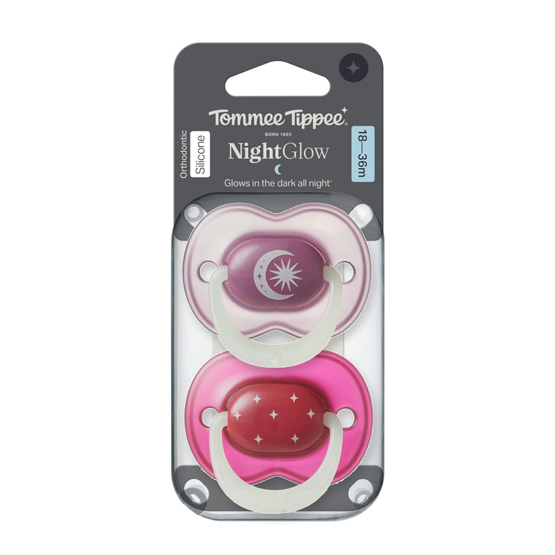Tommee Tippee Calmante Night Glow para bebês de 18 a 36 meses, pacote com 2 unidades, cores vibrantes que remetem ao céu noturno.