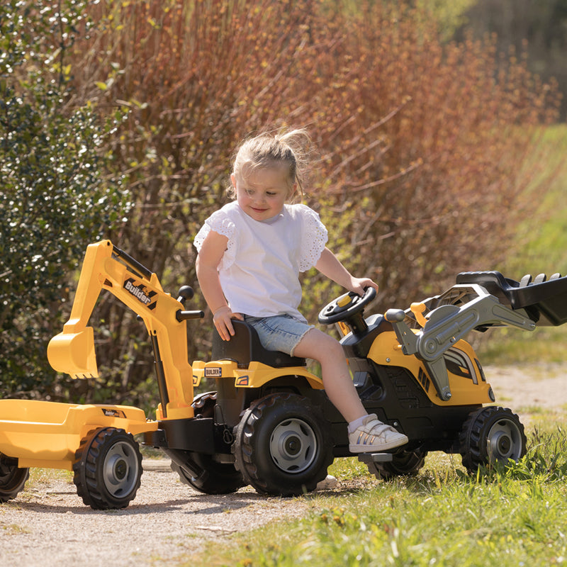 Builder Maxx Smoby  Pedal Tractor with Trailer, Excavator Arm & Loading Bucket, Yellow, Kids Ride-On Toy