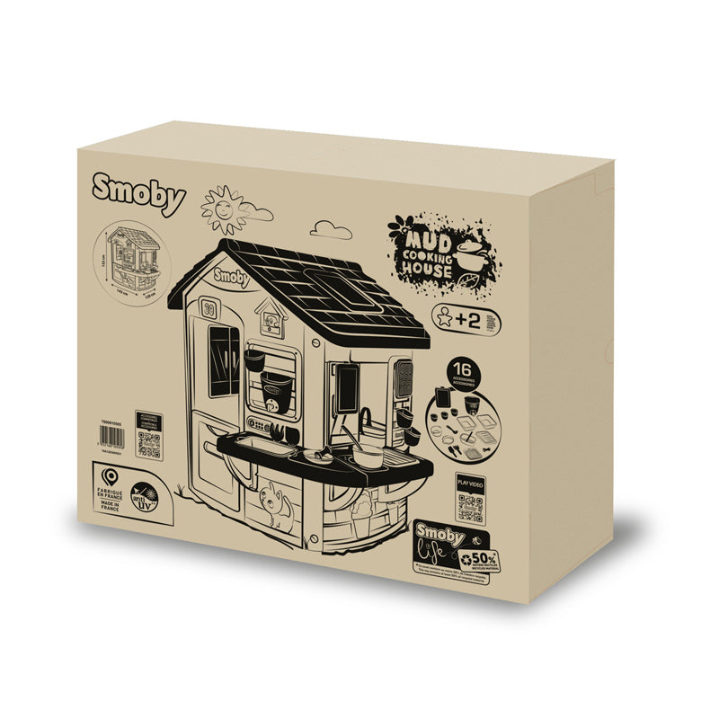 Smoby Life Mud Cooking House Kids Outdoor Play Kitchen with Water Tank, Bowls, Utensils & Chalkboard