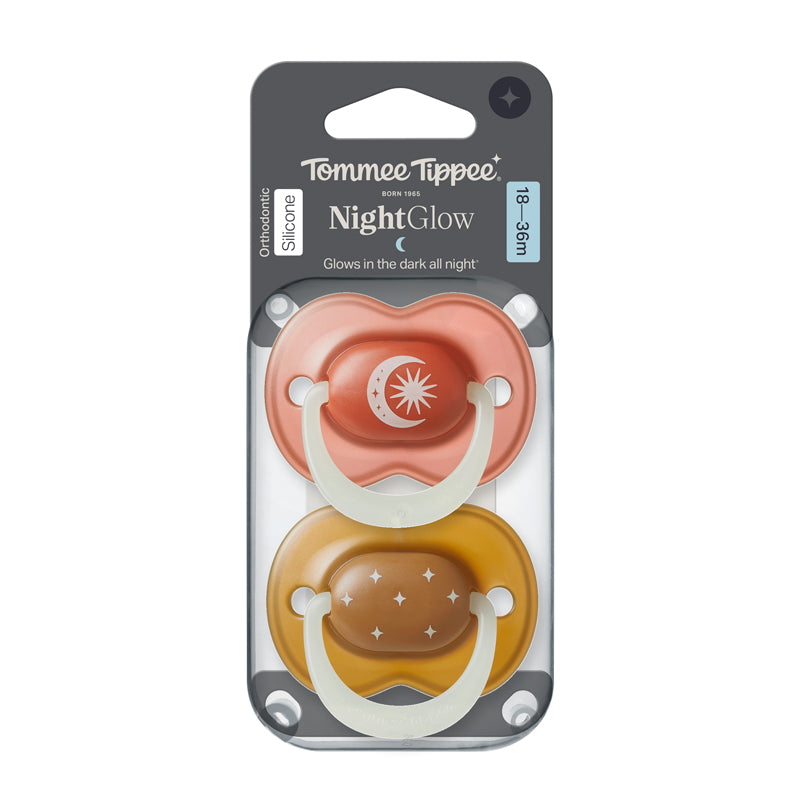 Tommee Tippee Calmante Night Glow para bebês de 18 a 36 meses, pacote com 2 unidades, cores vibrantes que remetem ao céu noturno.