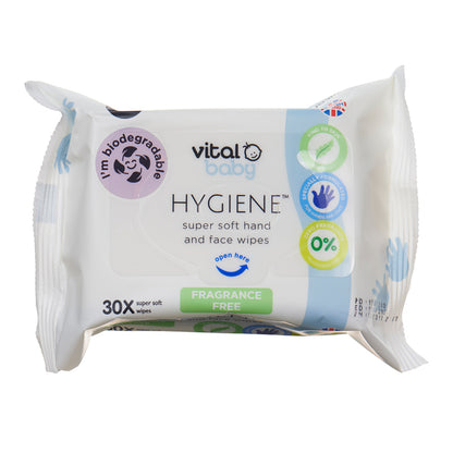 Vital Baby Lenços umedecidos super macios para mãos e rosto Hygiene - Sem fragrância, pacote com 30 unidades