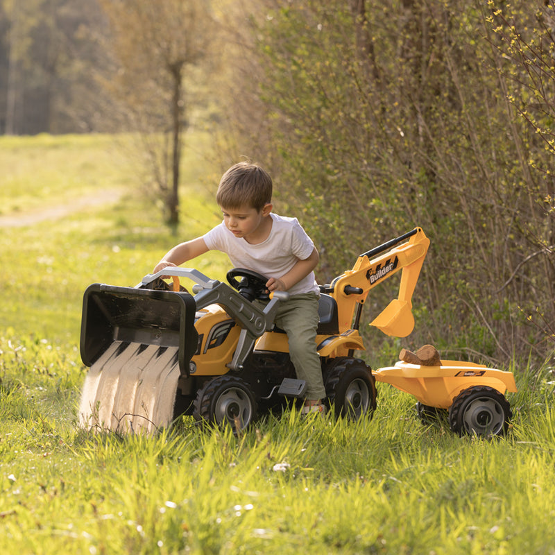 Builder Maxx Smoby  Pedal Tractor with Trailer, Excavator Arm & Loading Bucket, Yellow, Kids Ride-On Toy