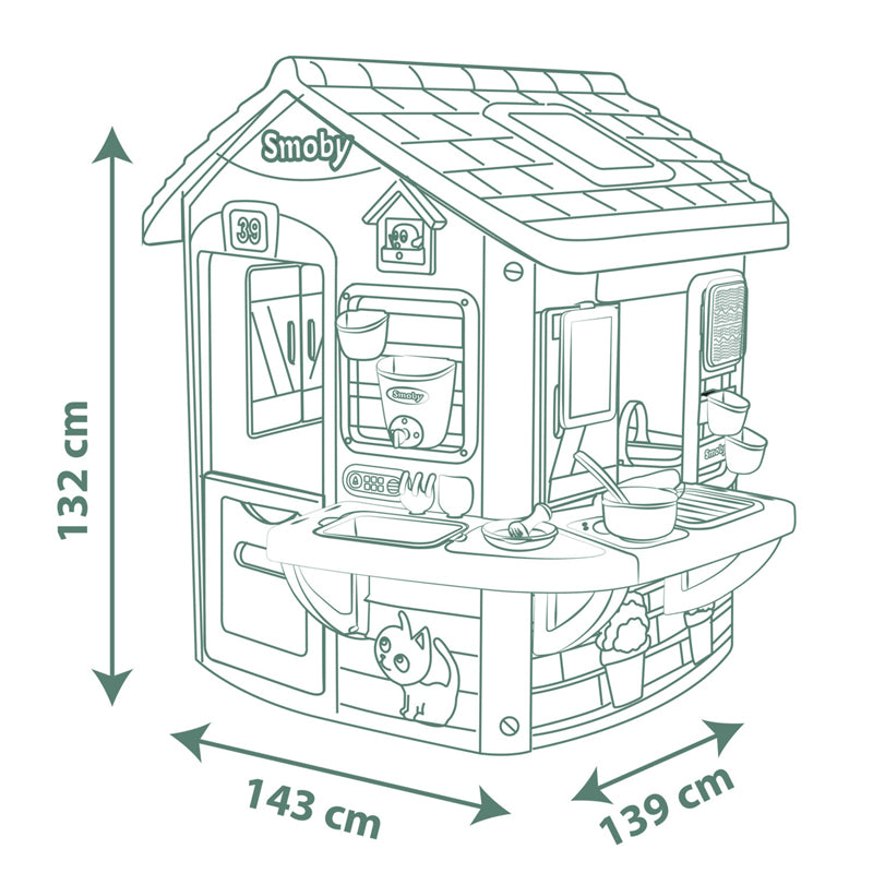 Smoby Life Mud Cooking House Kids Outdoor Play Kitchen with Water Tank, Bowls, Utensils & Chalkboard