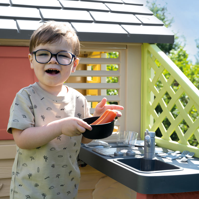 Smoby Life Nature Playhouse with Outdoor Kitchen, Grill, Accessories, 2 Windows & Shutters for Kids