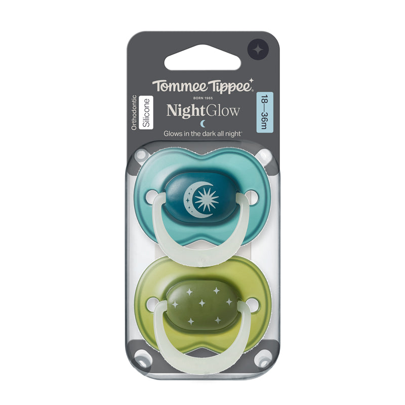 Tommee Tippee Calmante Night Glow para bebês de 18 a 36 meses, pacote com 2 unidades, cores vibrantes que remetem ao céu noturno.