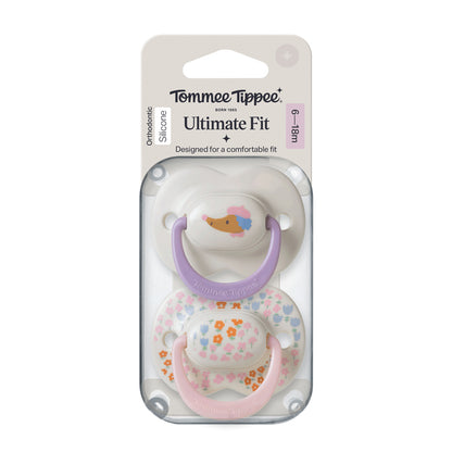 Tommee Tippee Chupeta Ultimate Fit para meninas de 6 a 18 meses (2 unidades) com alça compatível com prendedor de chupeta