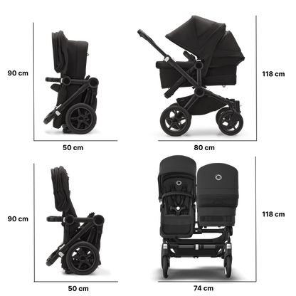 Bugaboo Carrinho Donkey 5 Twin – Capota Midnight Black, tecidos Grey Melange e estrutura preta, design lado a lado.