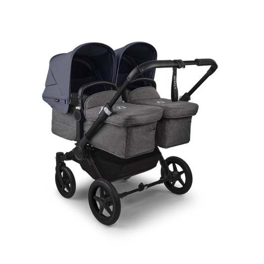 Bugaboo Carrinho Donkey 5 Twin – Capota Stormy Blue, Tecidos Grey Melange e Base Preta, Design Lado a Lado