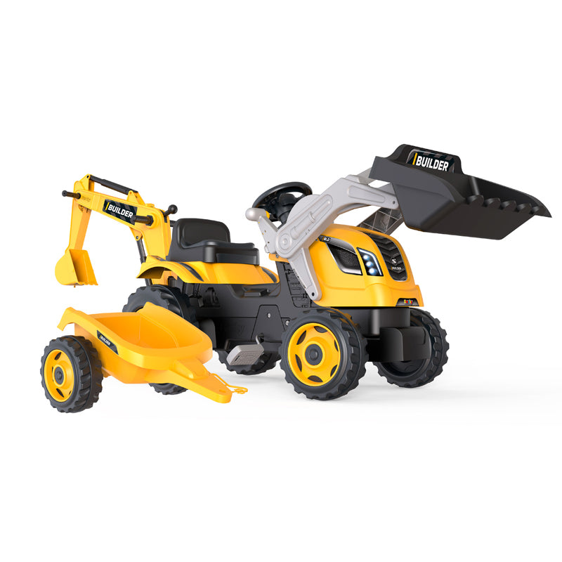 Builder Maxx Smoby  Pedal Tractor with Trailer, Excavator Arm & Loading Bucket, Yellow, Kids Ride-On Toy