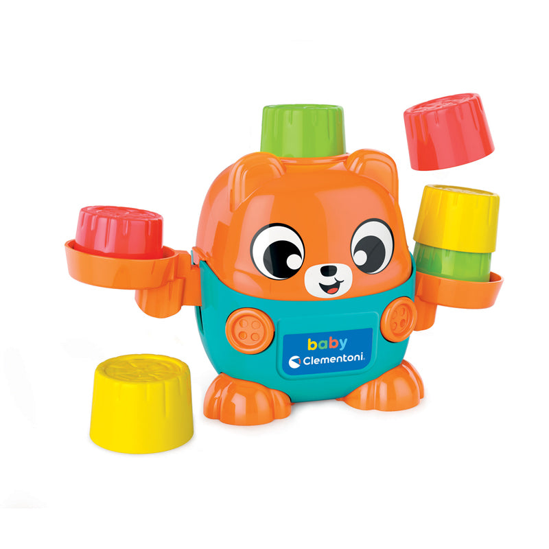 Clementoni Urso de Equilíbrio Montessori Empilhe os blocos em cima da cabeça do urso.