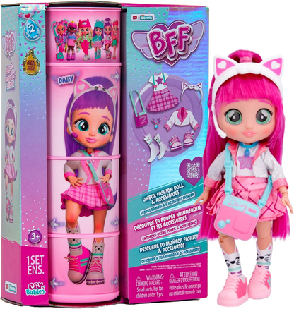 BFF by Cry Babies S2 Bruny Boneca colecionável de moda com cabelo comprido, roupas de tecido e 10 acessórios - Brinde de brinquedo para meninas e meninos +5 anos