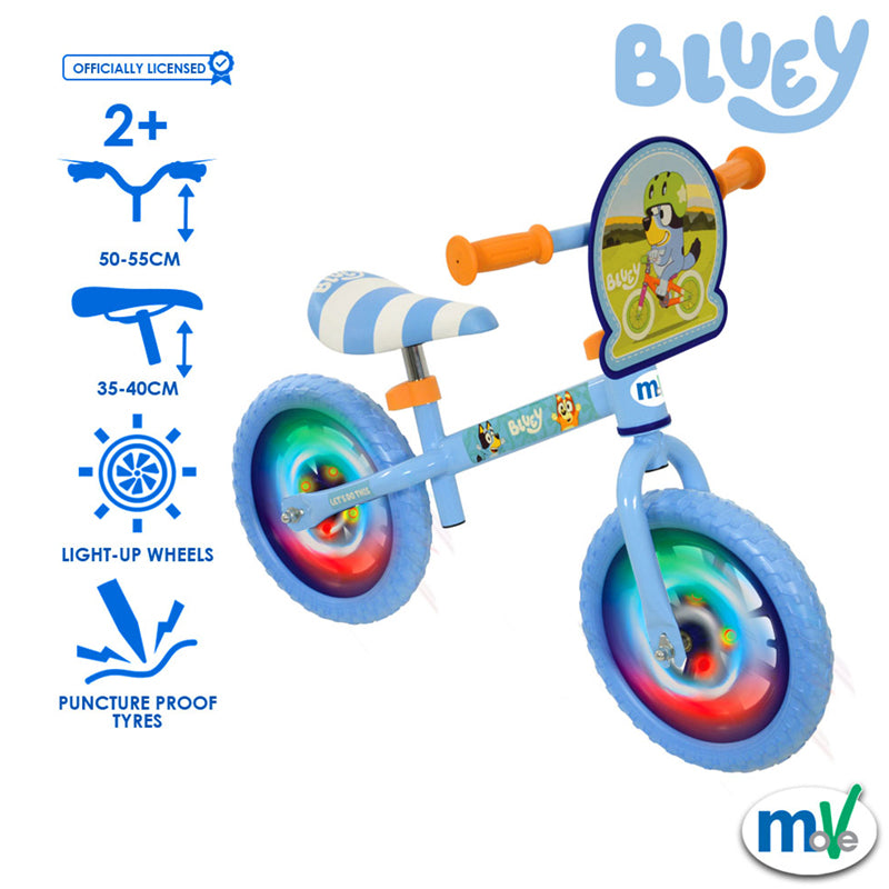 Bluey Bicicleta de Equilíbrio de 12 polegadas com rodas de LED – Estrutura de aço, pneus à prova de furos e altura do assento ajustável