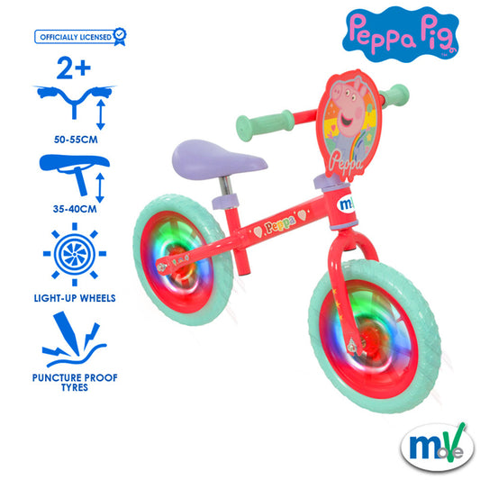 Peppa PigBicicleta de Equilíbrio  de 12 Polegadas com Rodas que Acendem – Bicicleta Infantil com Pneus Largos e de Sulcos Profundos para Equilíbrio e Coordenação