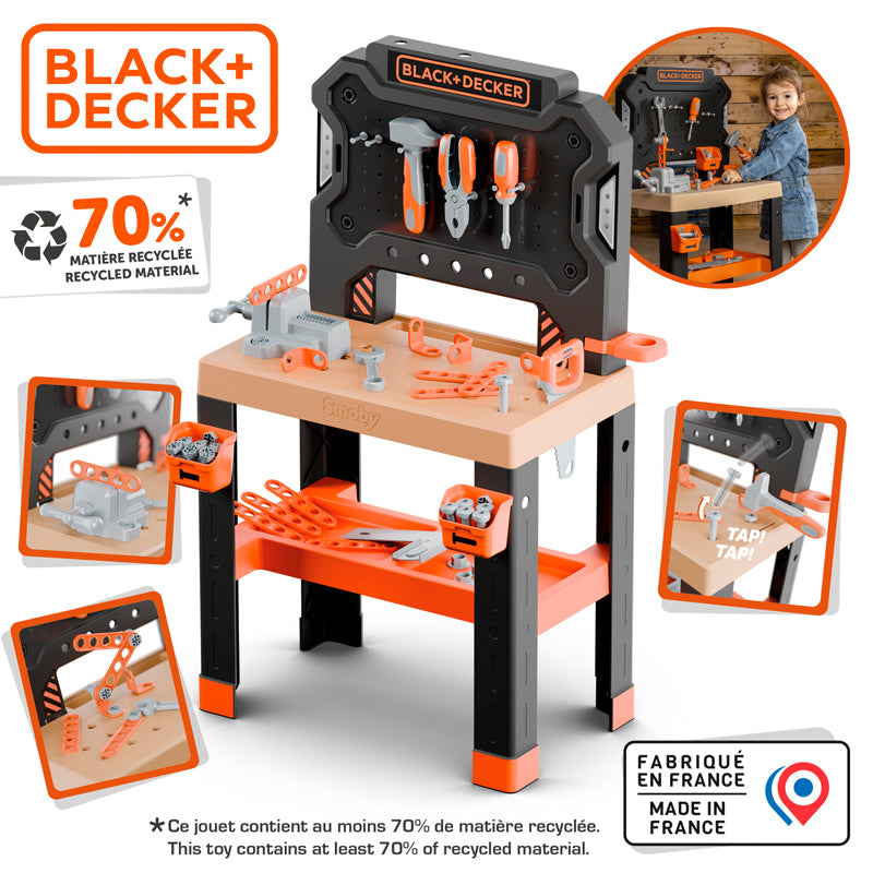 Black And Decker Bancada de Trabalho  Bricolo da Smoby – Oficina de "Faça Você Mesmo" com Ferramentas (Martelo, Chave de Fenda) e Plástico Reciclado – Para Crianças a Partir de 3 Anos