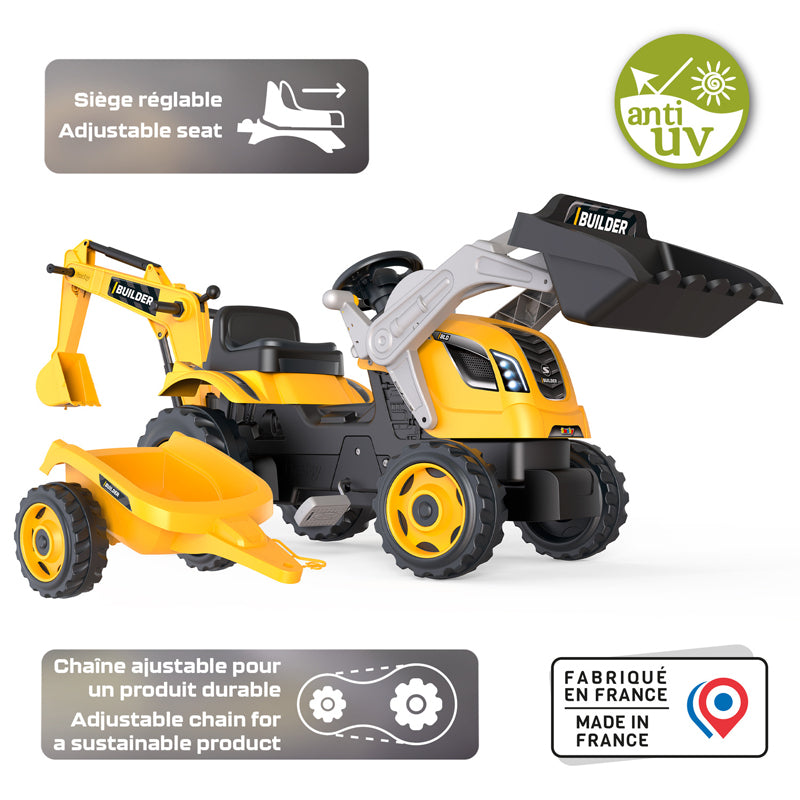Builder Maxx Smoby  Pedal Tractor with Trailer, Excavator Arm & Loading Bucket, Yellow, Kids Ride-On Toy